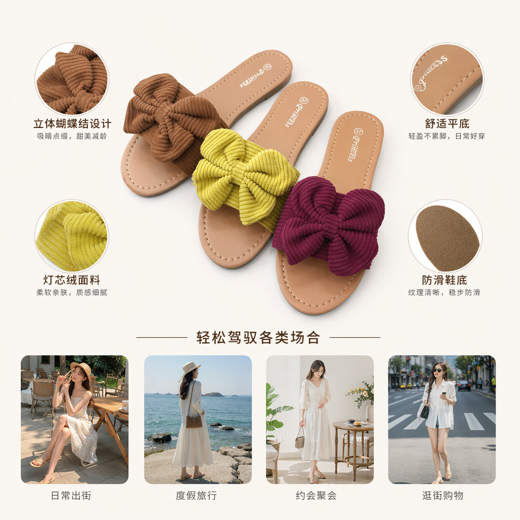 棕色黄色紫色蝴蝶结凉拖鞋女夏季外穿舒适防滑