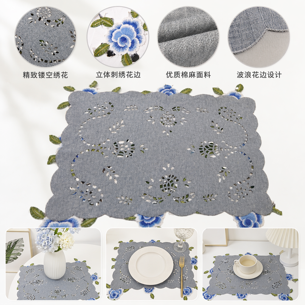 Grey hollowed-out floral patterned table mat for desktop protection