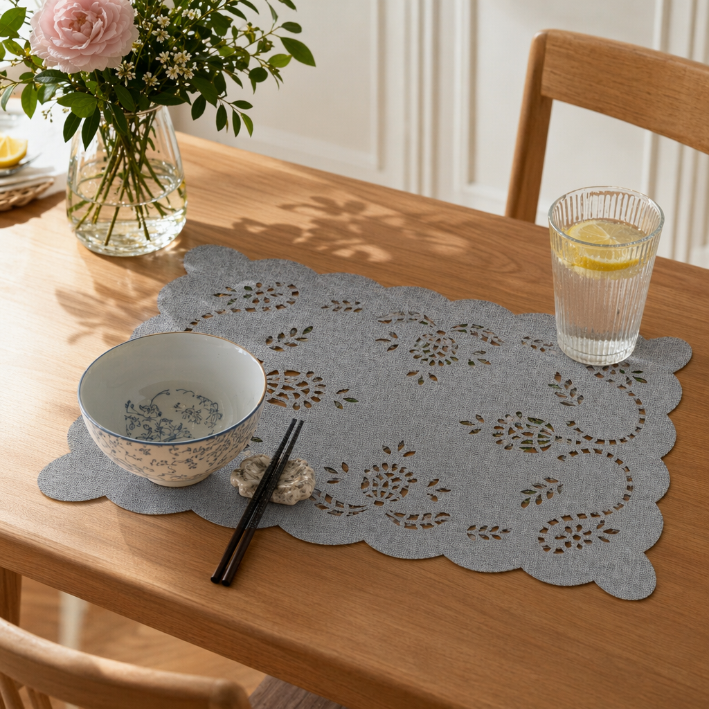 Grey hollowed-out floral patterned table mat for desktop protection details Picture
