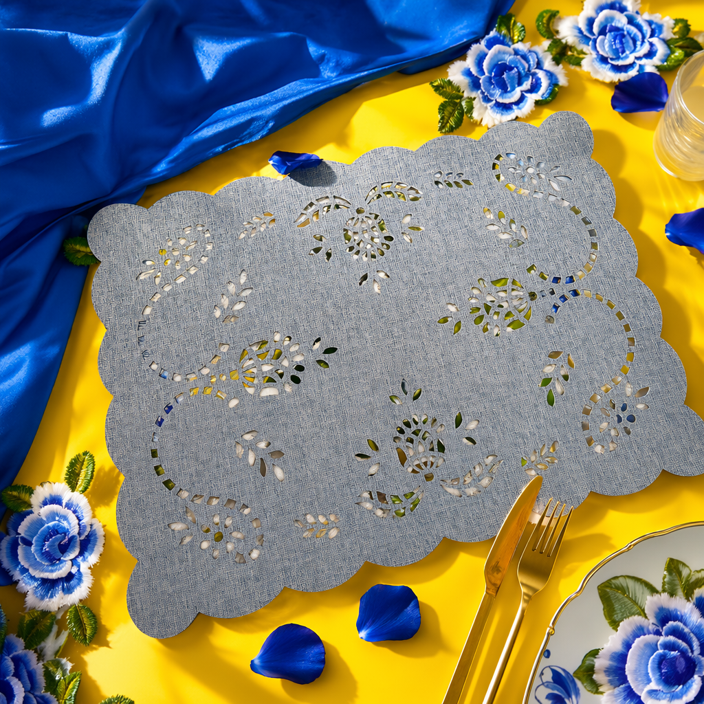 Grey hollowed-out floral patterned table mat for desktop protection Specification image