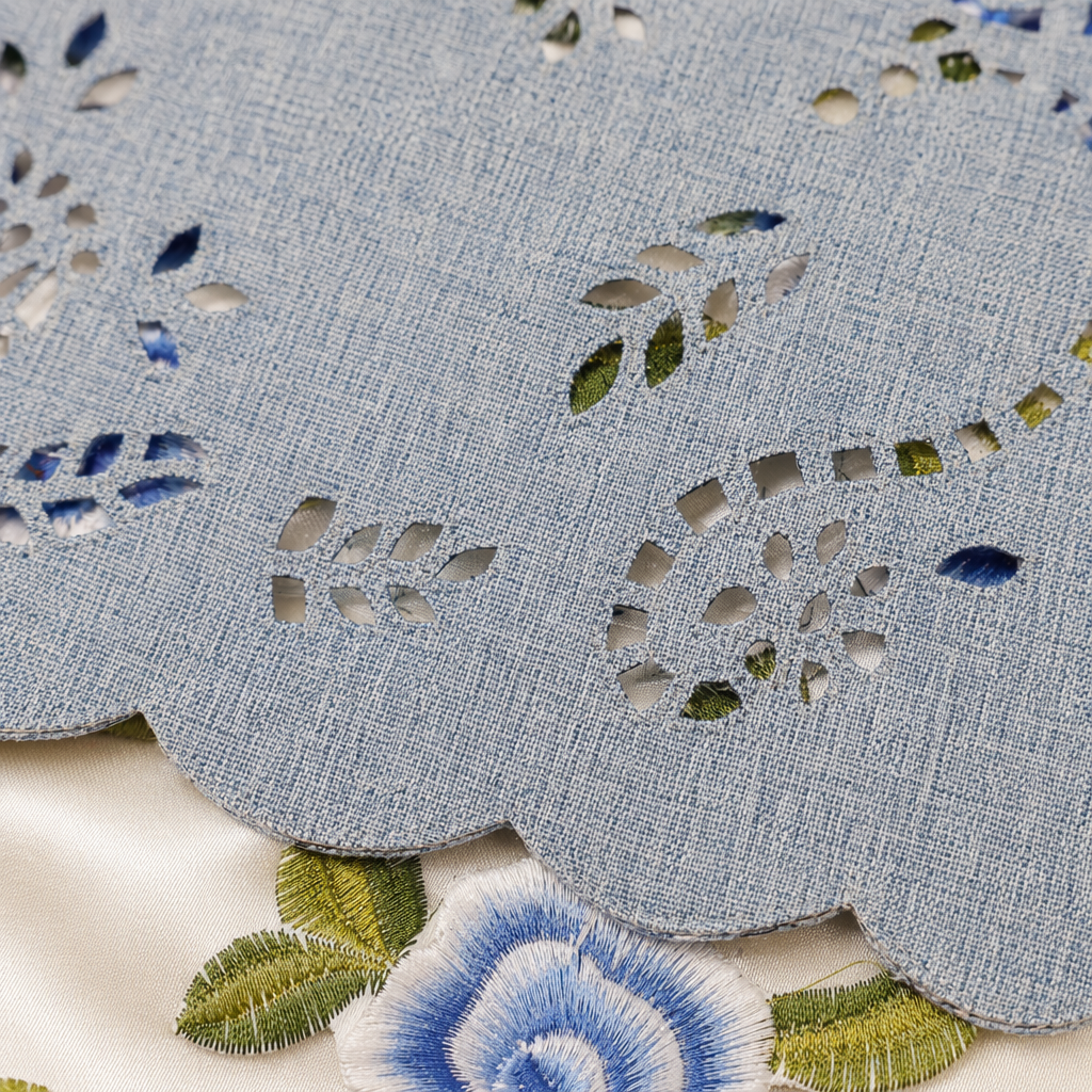 Grey hollowed-out floral patterned table mat for desktop protection Application Scenario
