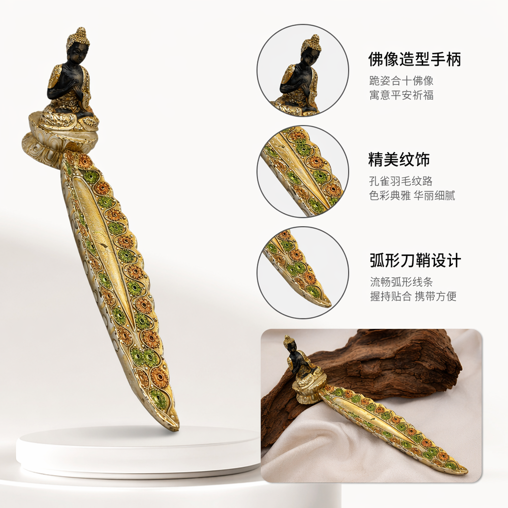 金色坐佛香炉孔雀尾羽底座绿橙圆纹高30cm宽6cm