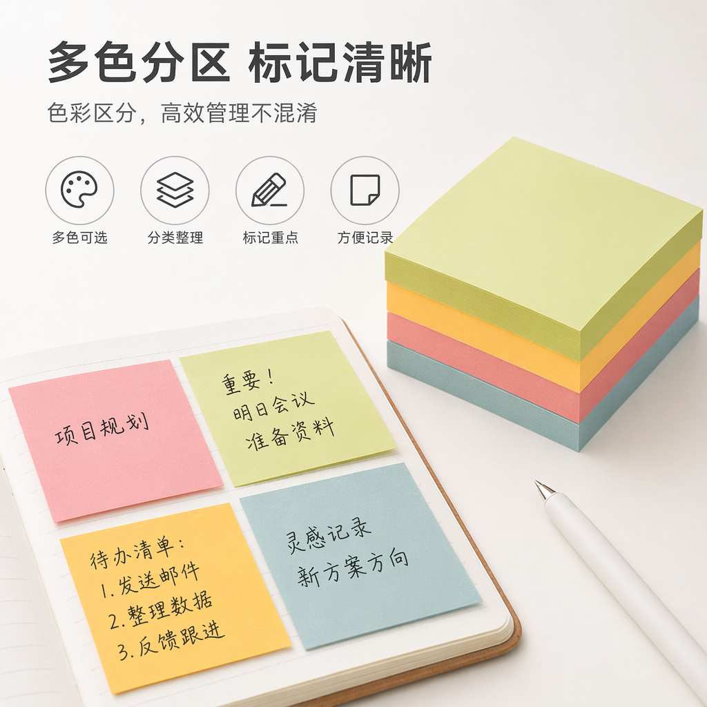 彩色便签纸堆叠设计加厚撕取顺滑办公学习用