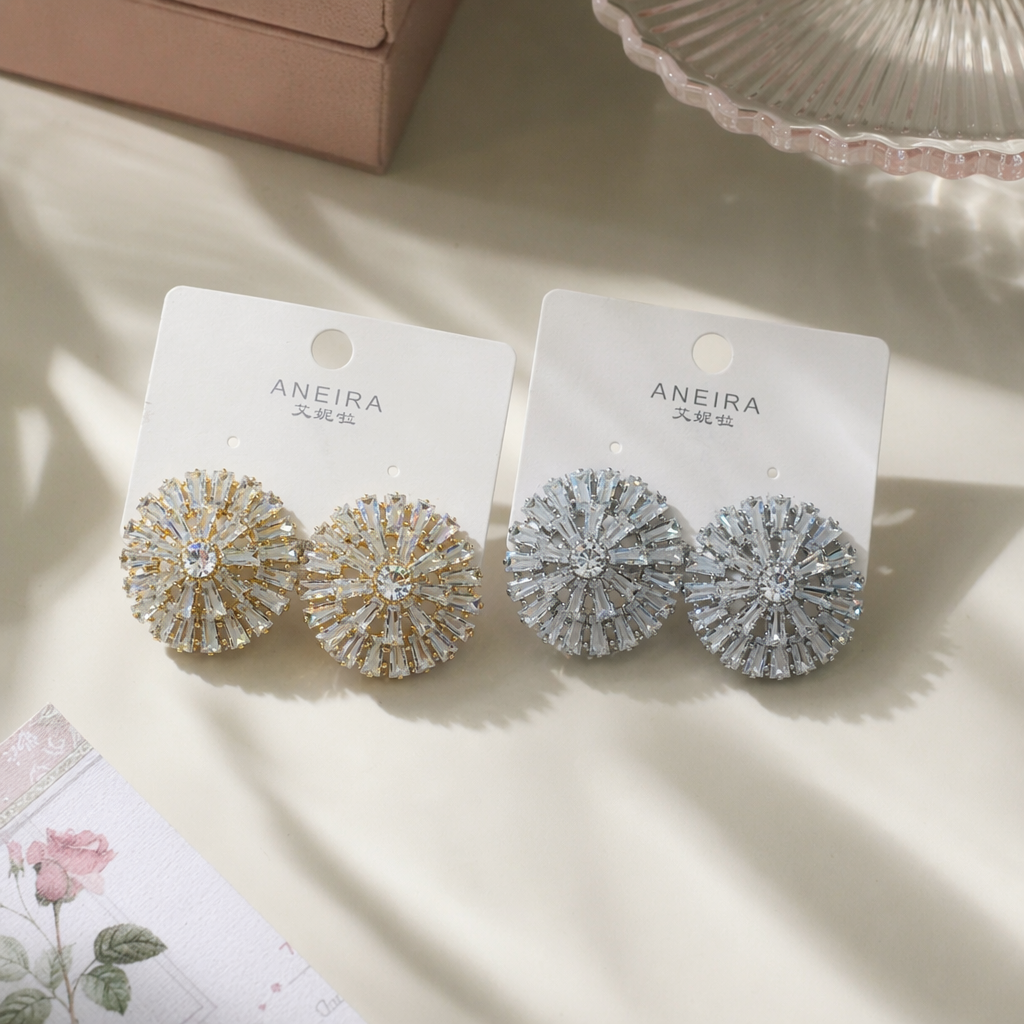 Golden and silver crystal flower ear studs, fashionable and light luxury women's ear studs, ear stud accessories, diamond ball ear studs, ear stud gun piercing diamond ball ear studs details Picture