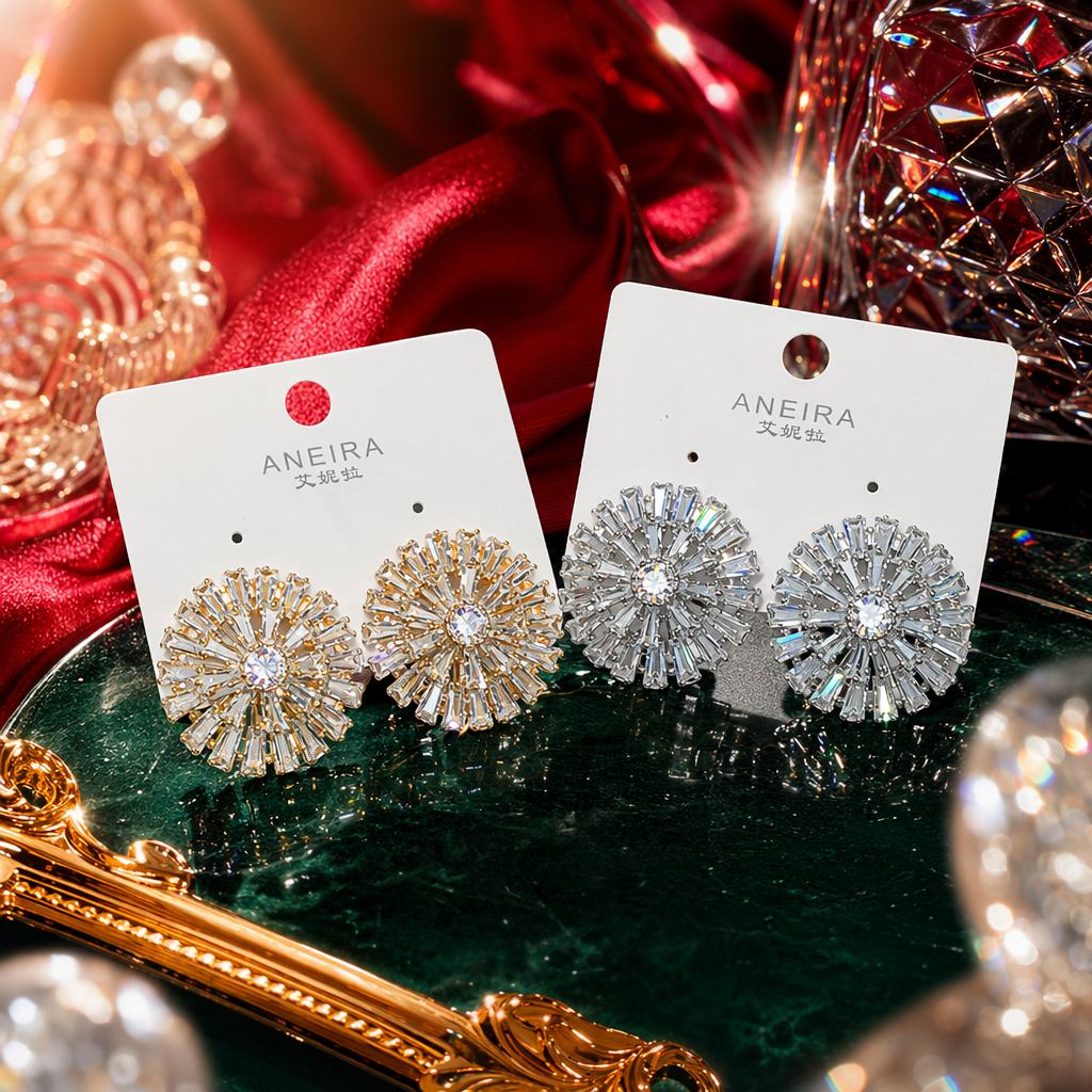 Golden and silver crystal flower ear studs, fashionable and light luxury women's ear studs, ear stud accessories, diamond ball ear studs, ear stud gun piercing diamond ball ear studs Specification image