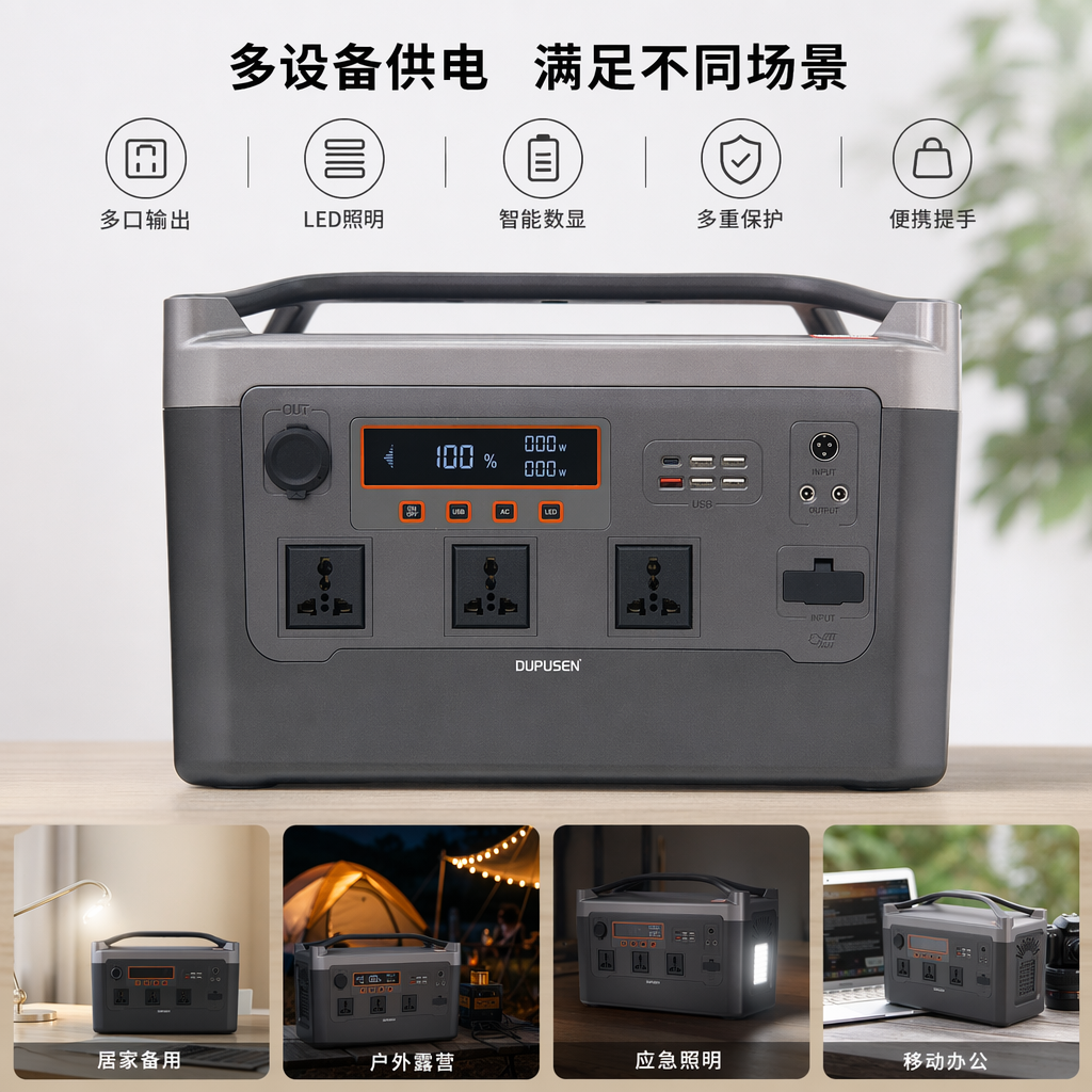 Grey portable power station, large-capacity outdoor emergency power bank
