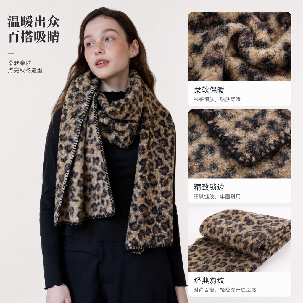 豹纹围巾女加厚羊绒混纺冬日保暖系带围脖