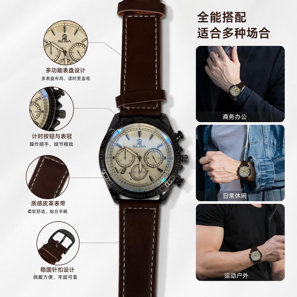 棕色表带手表 男士简约商务石英腕表 防水耐磨精钢机芯