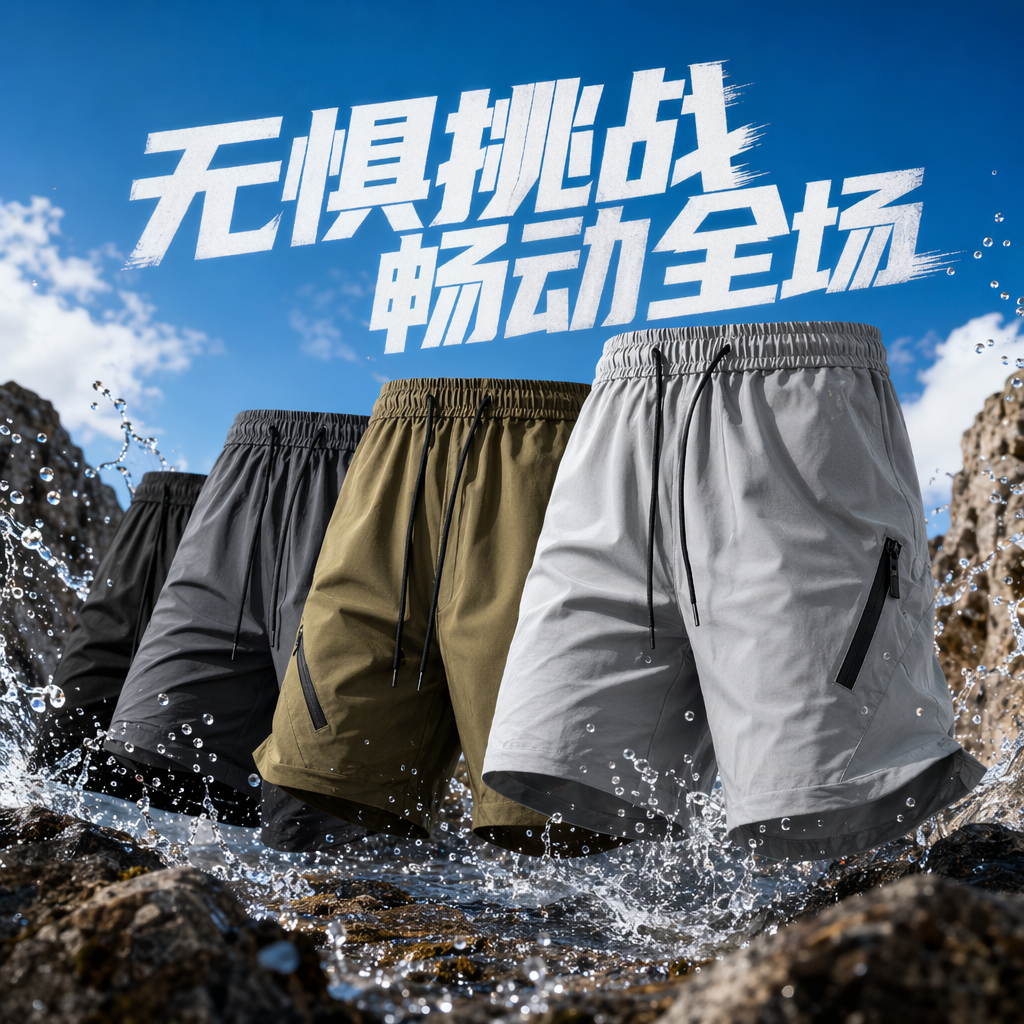 四款不同颜色的短裤，分别为浅灰、军绿、深灰、黑色，每条短裤均带有抽绳腰头和侧边拉链口袋，展示于纯白背景上细节图
