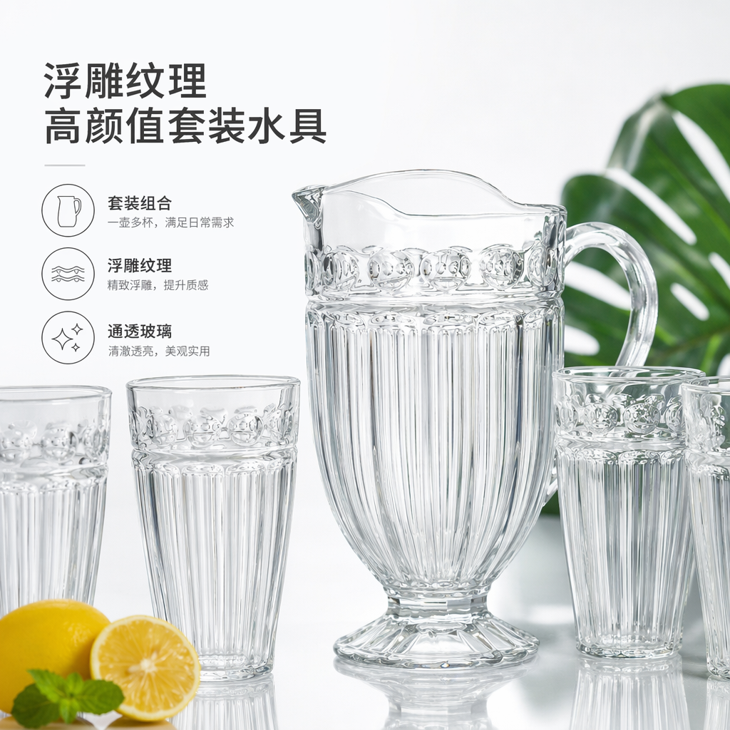 Transparent glass water bottle and cup set, household heat-resistant tea set and drinking cup combination