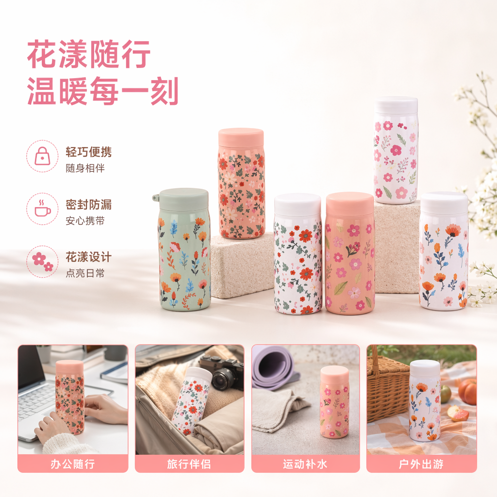 彩色花卉图案保温杯 不锈钢真空保冷暖水杯
