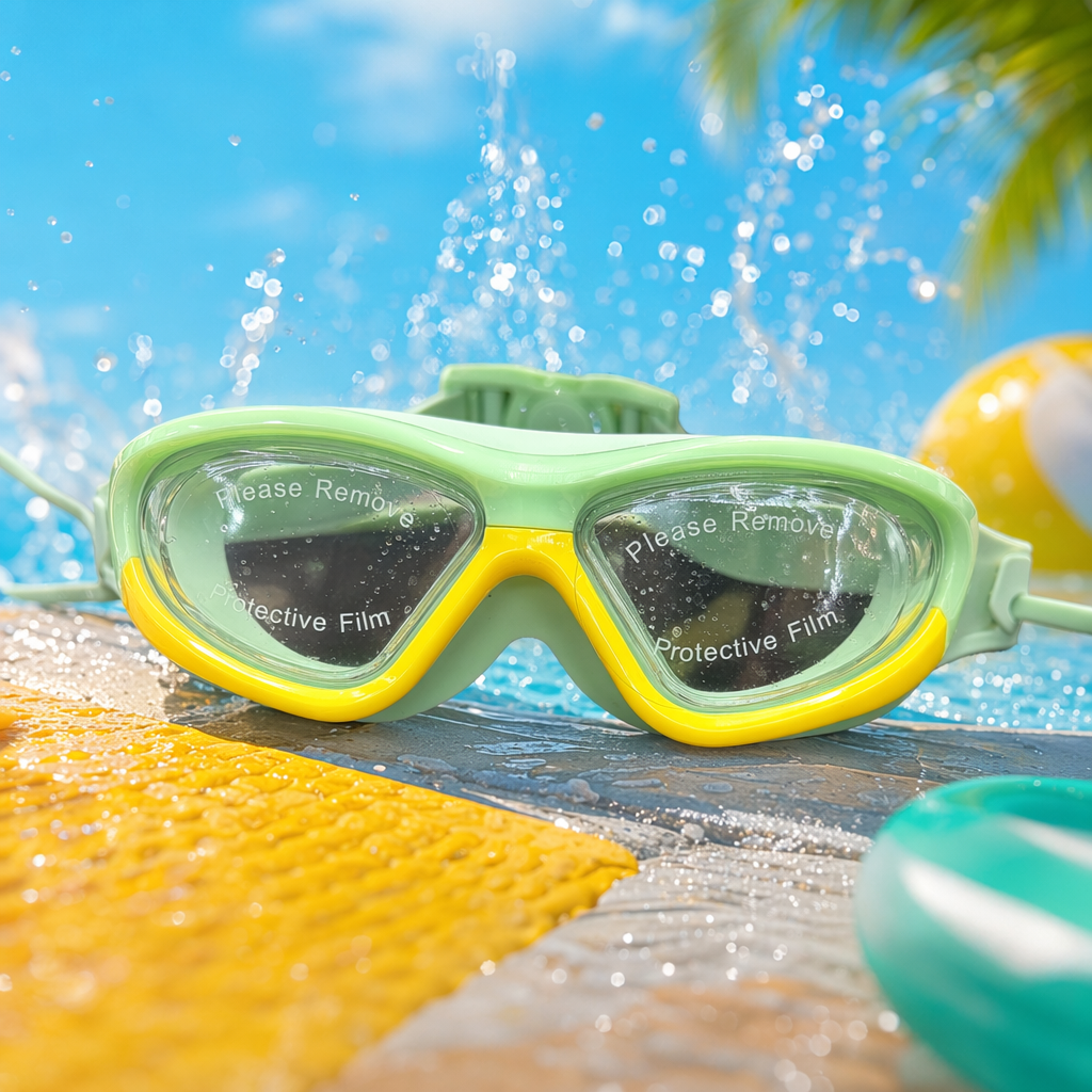 Green border, yellow decorative swimming goggles, black keyboard background shot Specification image