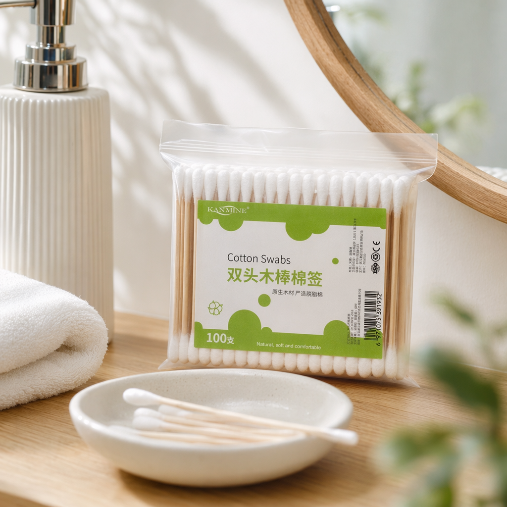 White cotton swabs packaged with green labels, 100 double-ended wooden swabs for household cleaning and makeup details Picture