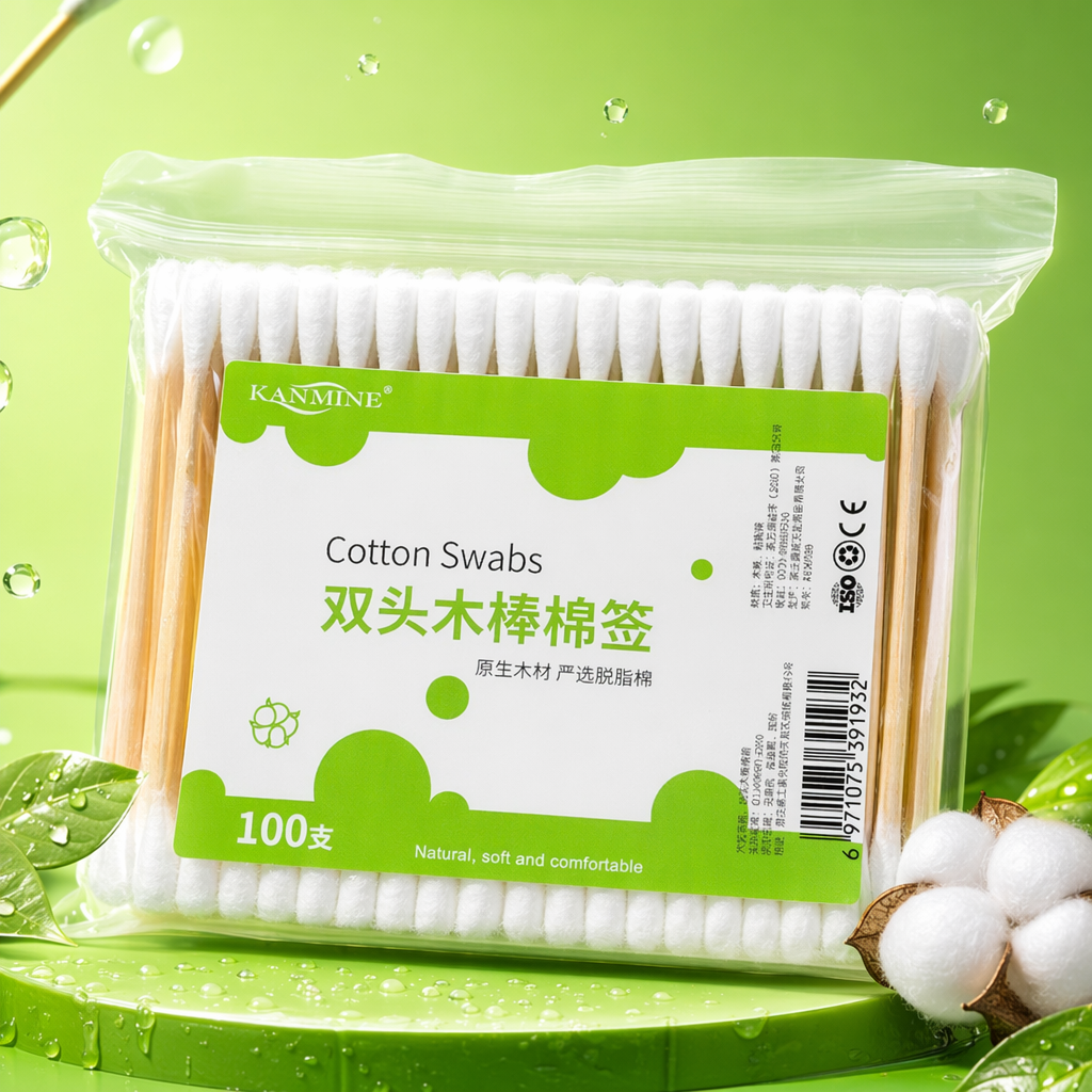 White cotton swabs packaged with green labels, 100 double-ended wooden swabs for household cleaning and makeup Specification image