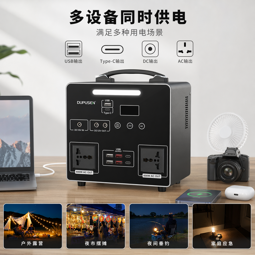 黑色便携式电源站 大容量户外露营家用应急充电