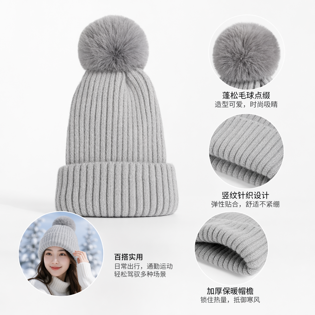 灰色针织毛球帽 保暖修身显脸小秋冬百搭休闲帽