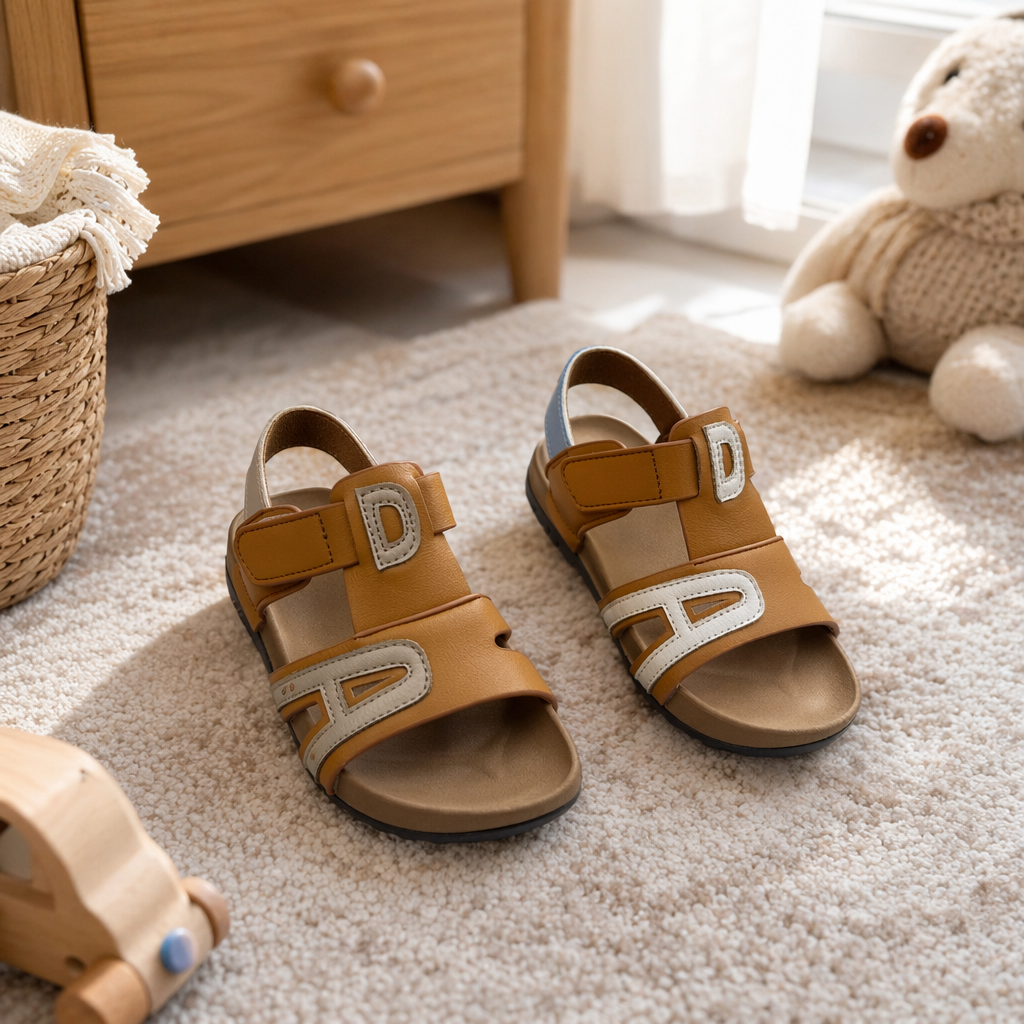 Three pairs of brown children's sandals, beige, light blue and white with the letter "D" decoration details Picture