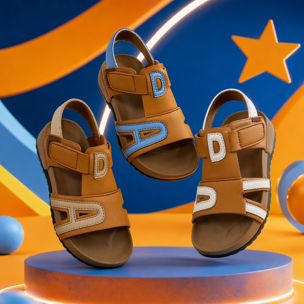Three pairs of brown children's sandals, beige, light blue and white with the letter "D" decoration Specification image