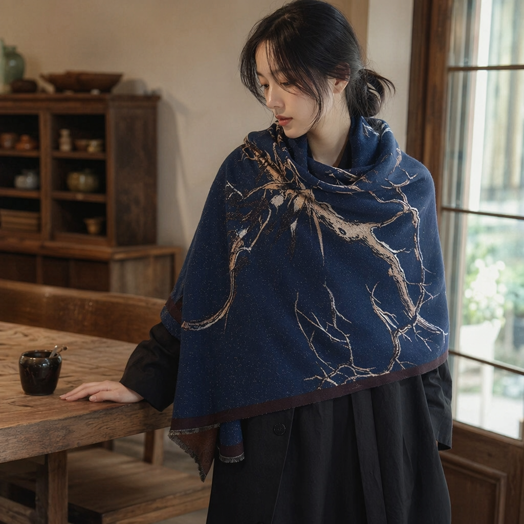 深蓝色枝桠图案围巾产品图