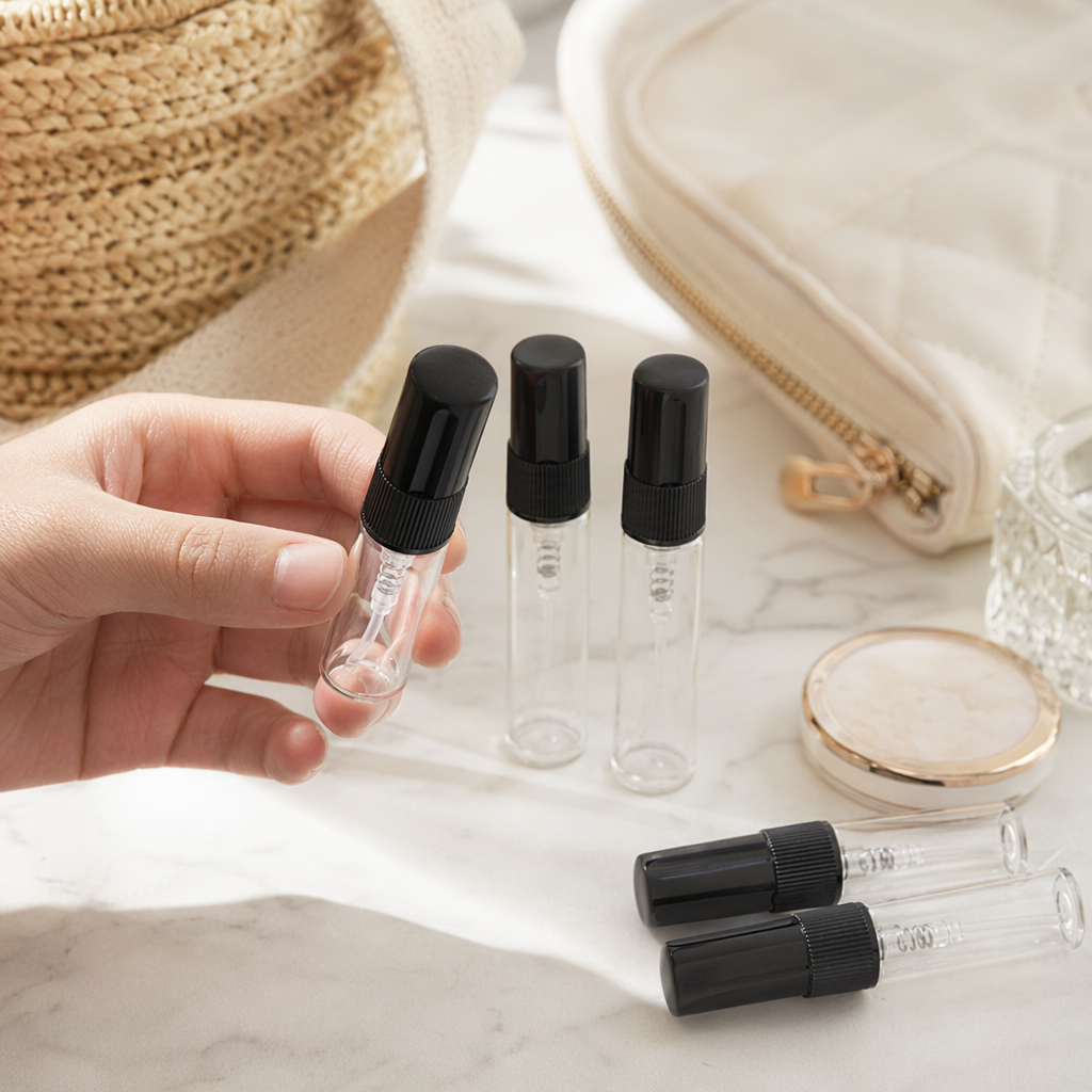 2ml black cap transparent glass bottle sample bottle perfume portioning bottle perfume bottle details Picture