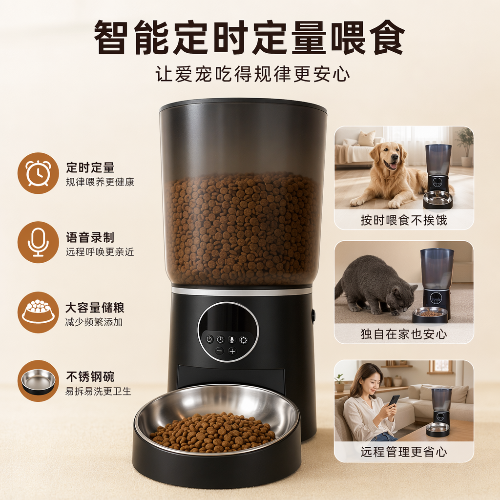 黑色智能宠物喂食器自动定时定量喂食机家用猫狗专用