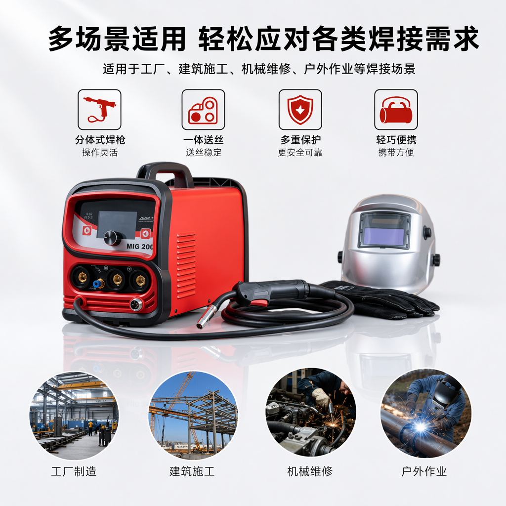 The red MIG200 welding machine is equipped with black welding torch gloves and a silver mask