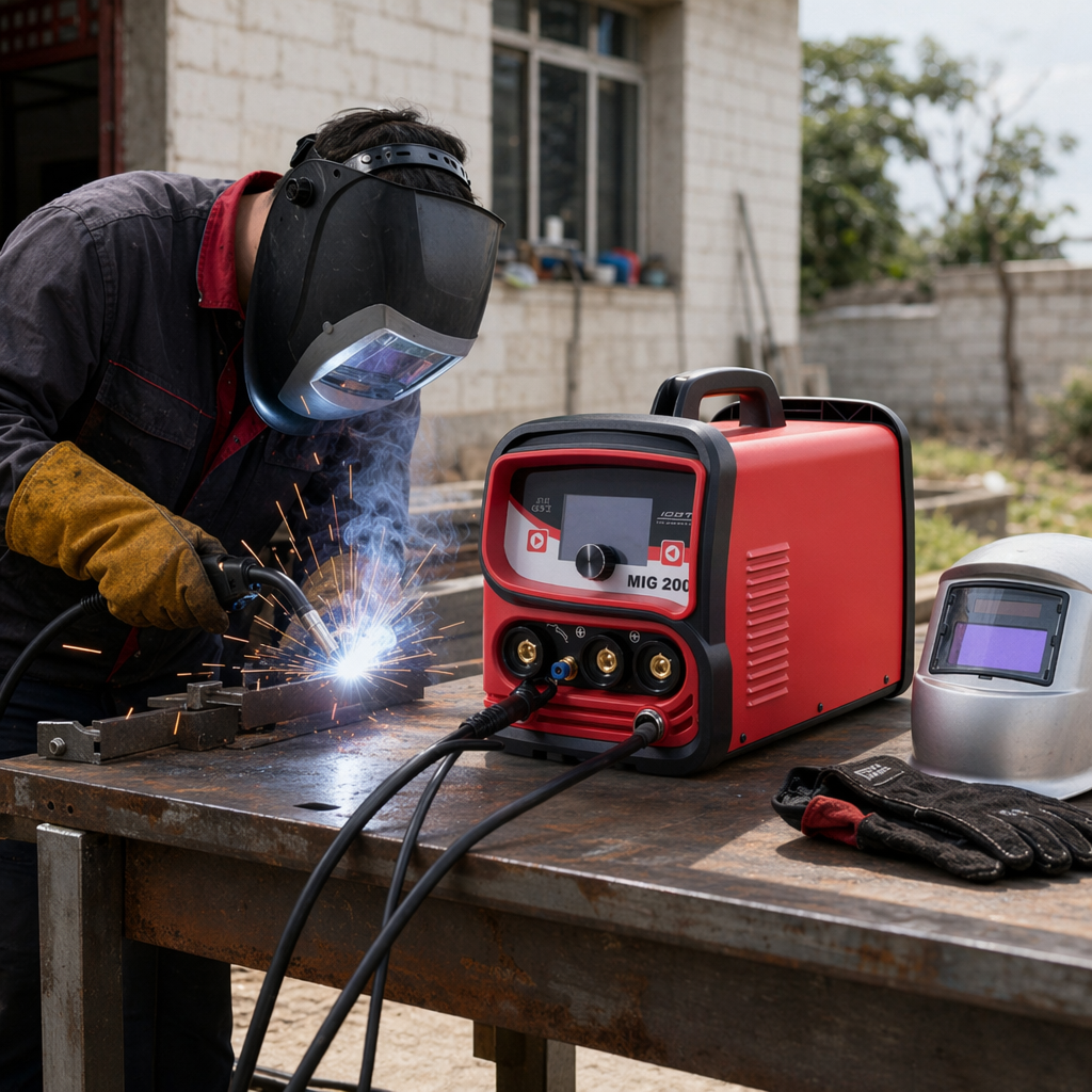 The red MIG200 welding machine is equipped with black welding torch gloves and a silver mask details Picture