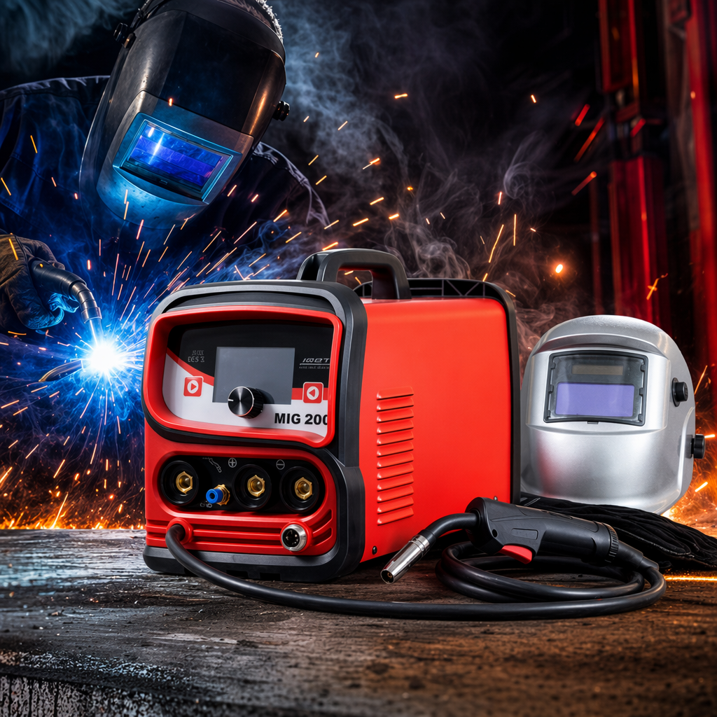 The red MIG200 welding machine is equipped with black welding torch gloves and a silver mask Specification image