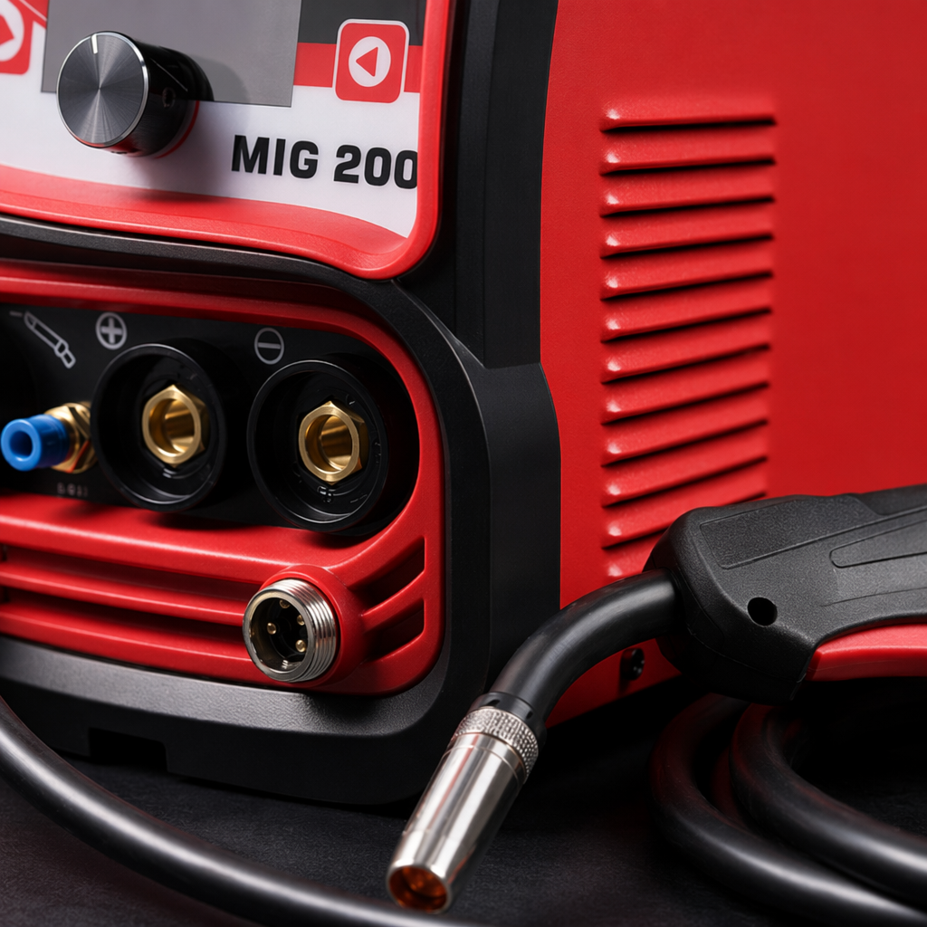 The red MIG200 welding machine is equipped with black welding torch gloves and a silver mask Application Scenario