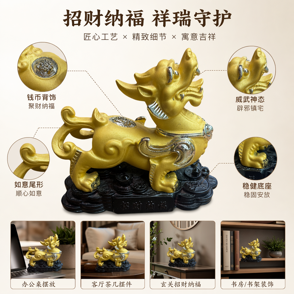 金色招财貔貅摆件客厅玄关风水吉祥物家居装饰图