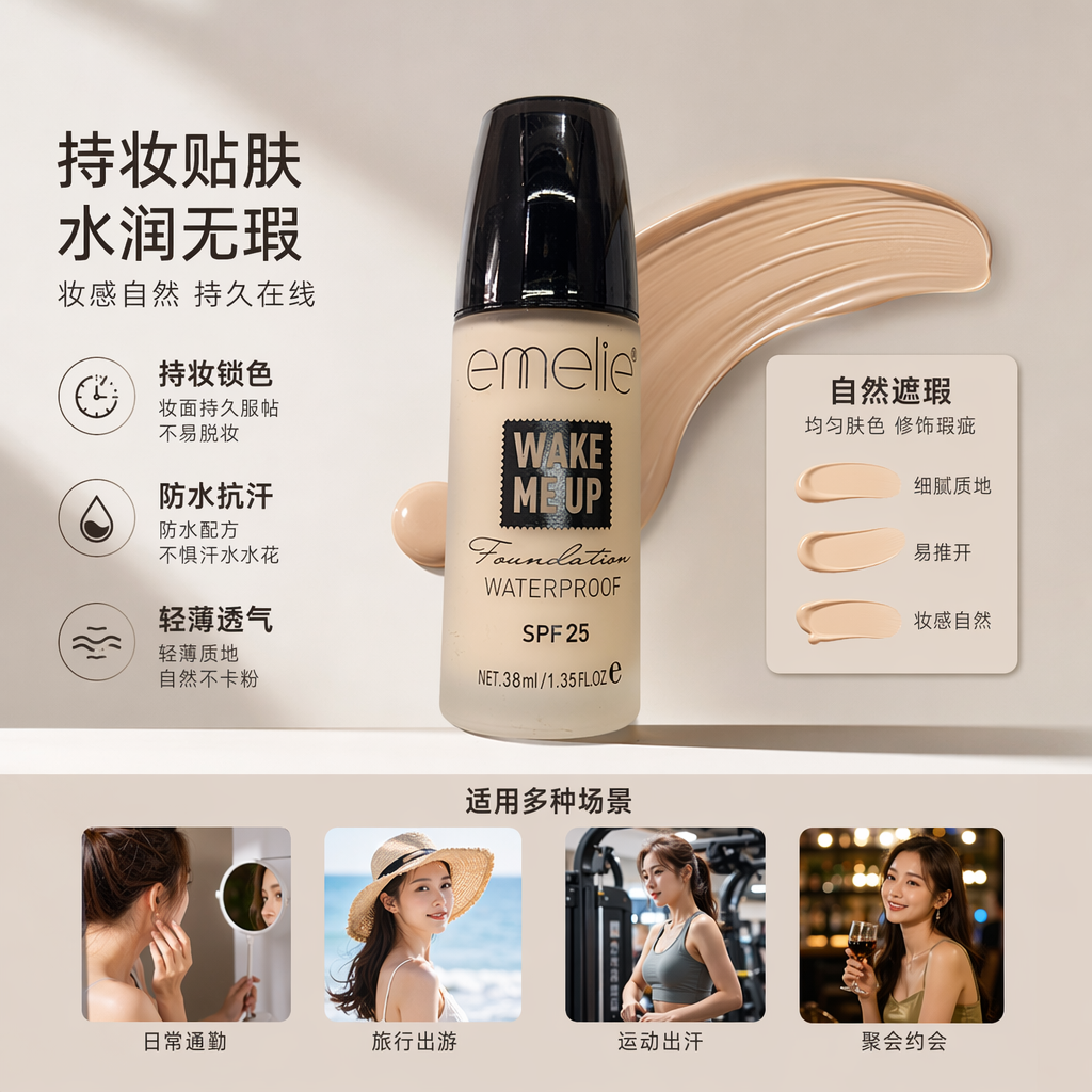 emelie米色瓶身黑色瓶盖粉底液 轻薄持妆遮瑕保湿