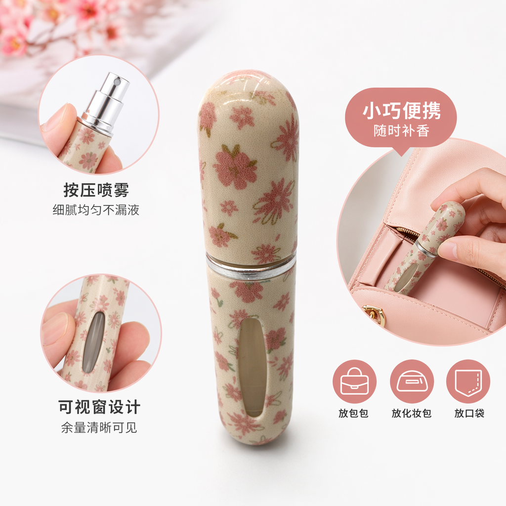 5ml beige floral pattern portable perfume portioned bottle plastic spray bottle travel portioned bottle