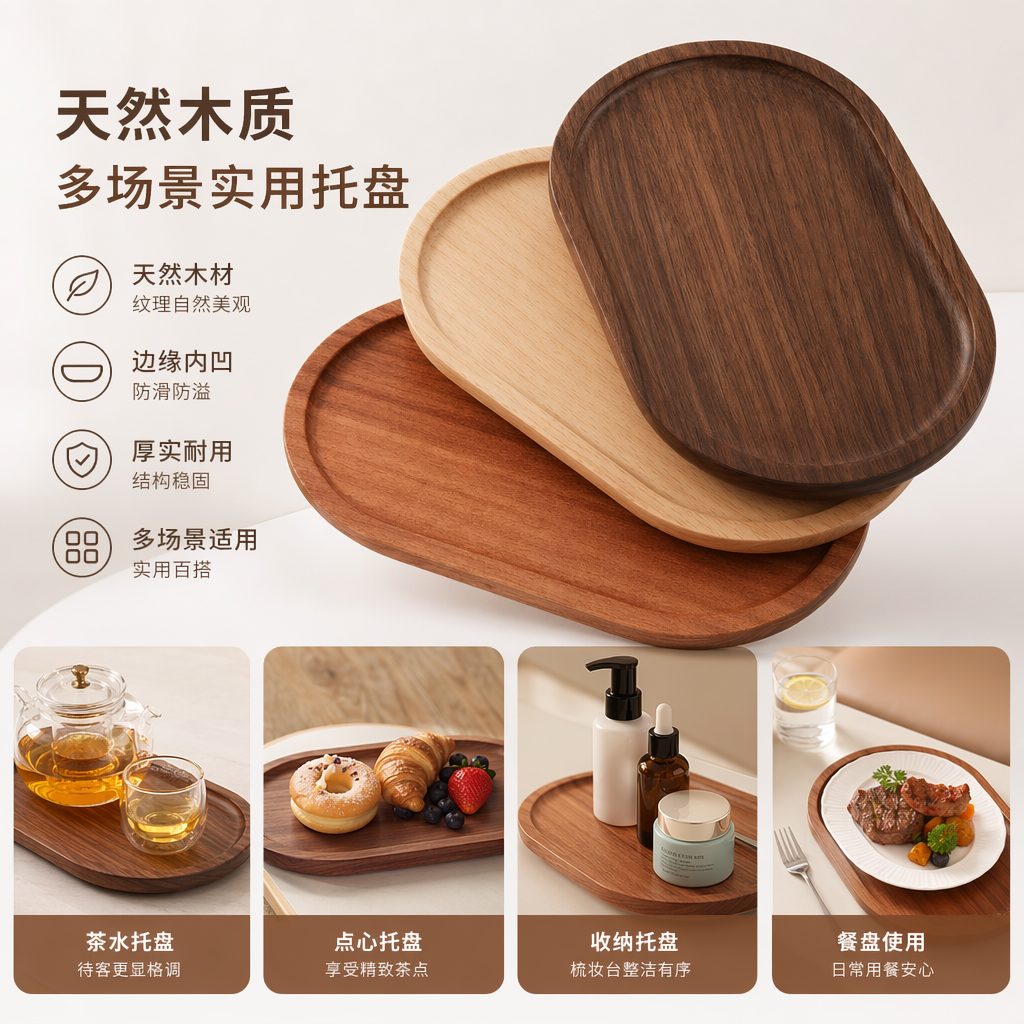 木质椭圆形托盘客厅茶几收纳摆件北欧风家居用品