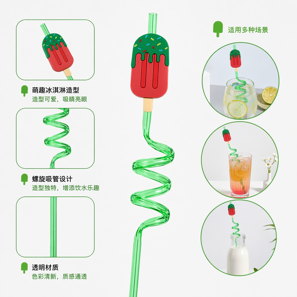 绿色螺旋吸管冰棒造型装饰家用饮品配件夏日清凉必备
