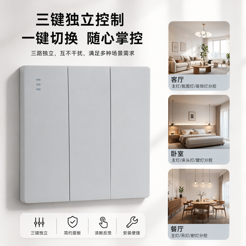 T2 White three-panel wall switch, simple home decoration style, suitable for both exposed and concealed installation, European modern style
