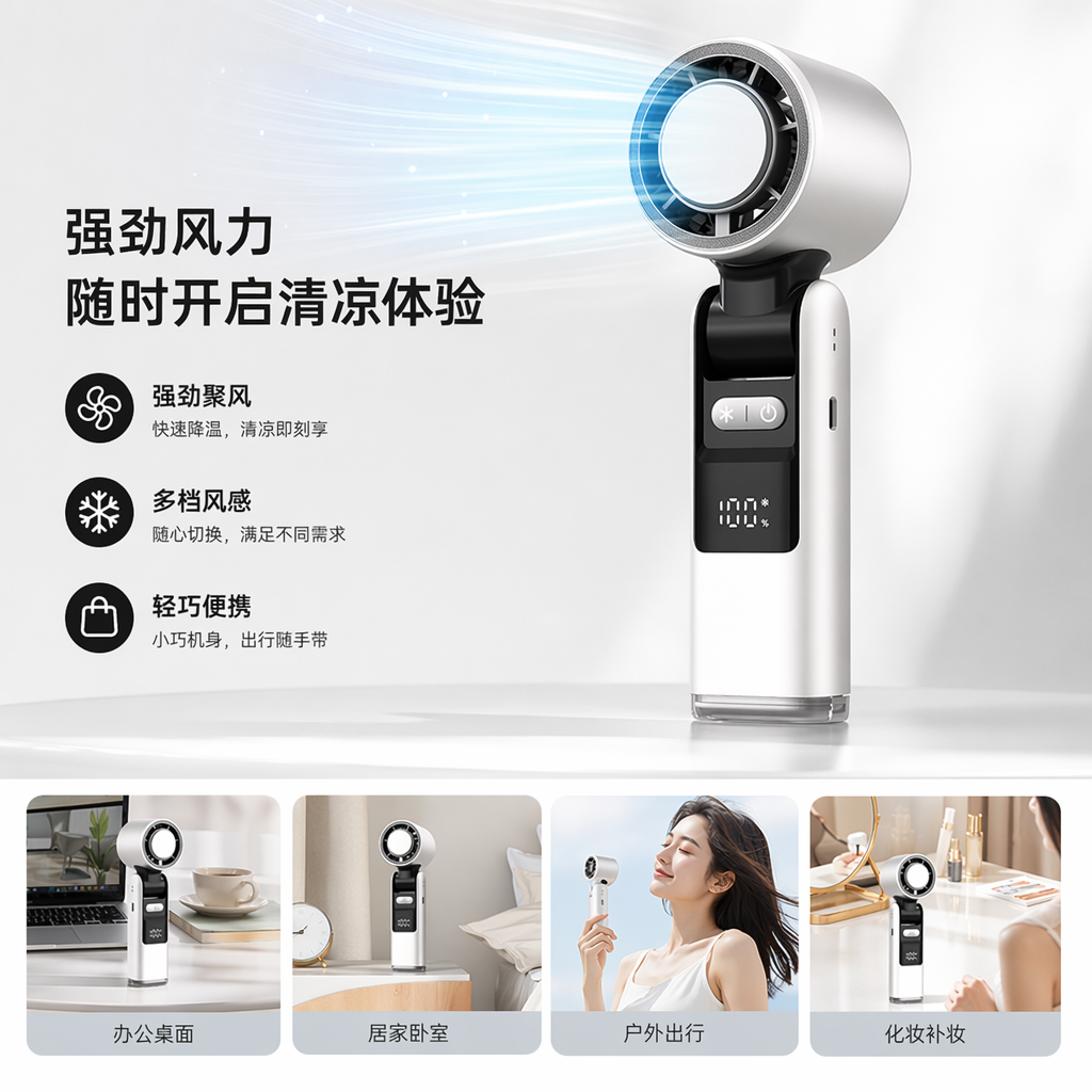 A portable, rechargeable, silent silver handheld fan for student dormitories and office use