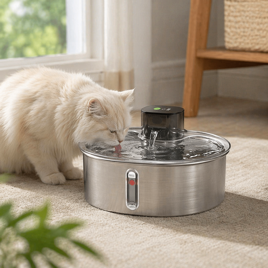 Silver stainless steel pet automatic water dispenser with silent circulation and filtration details Picture