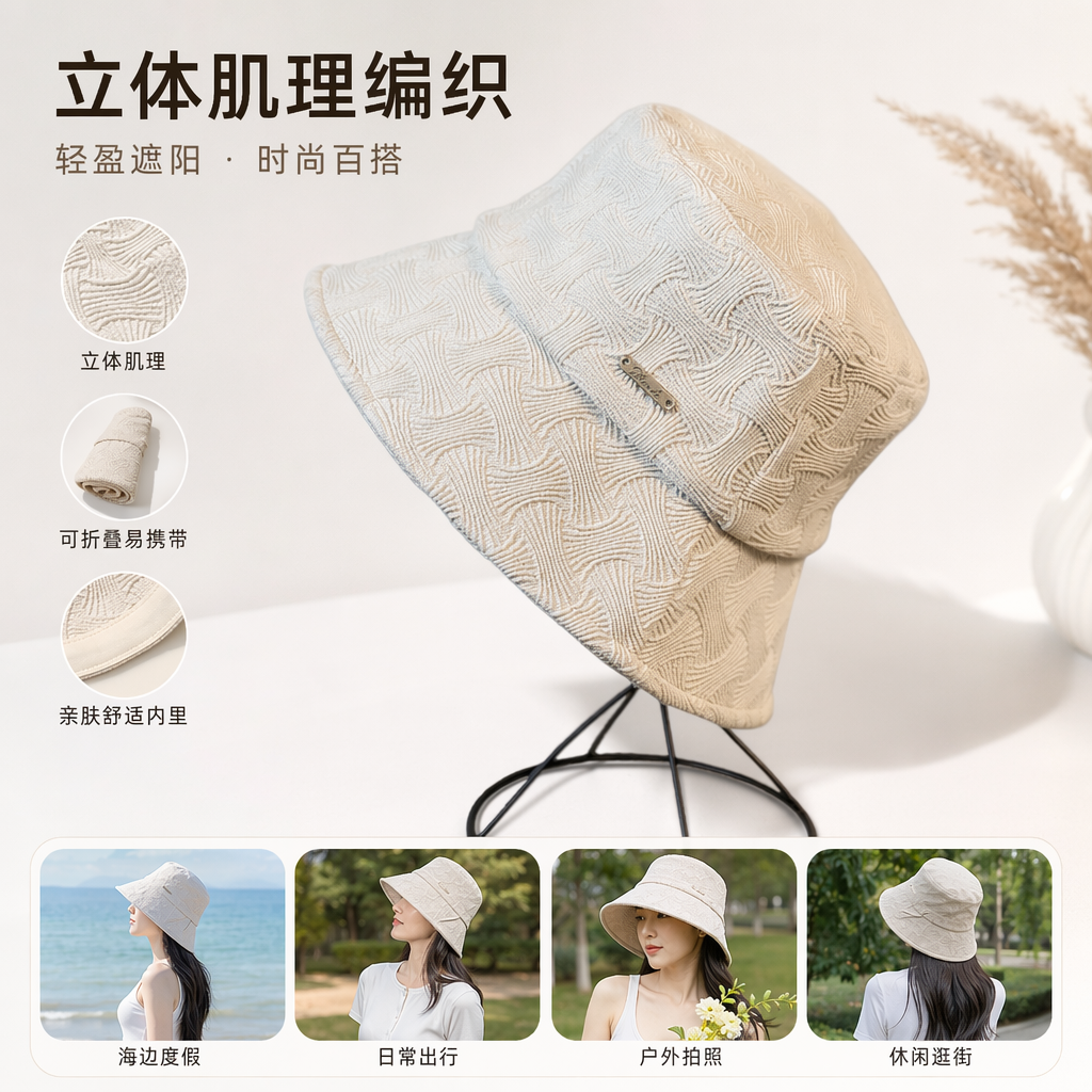 米白色纹理渔夫帽 时尚百搭遮阳防晒男女同款