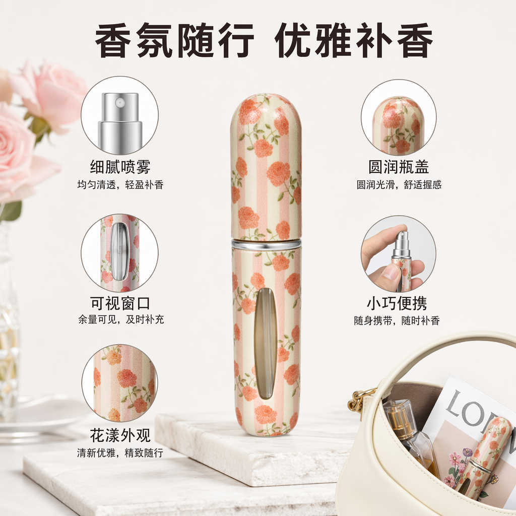 Pink striped floral pattern portable perfume bottle travel set portable spray