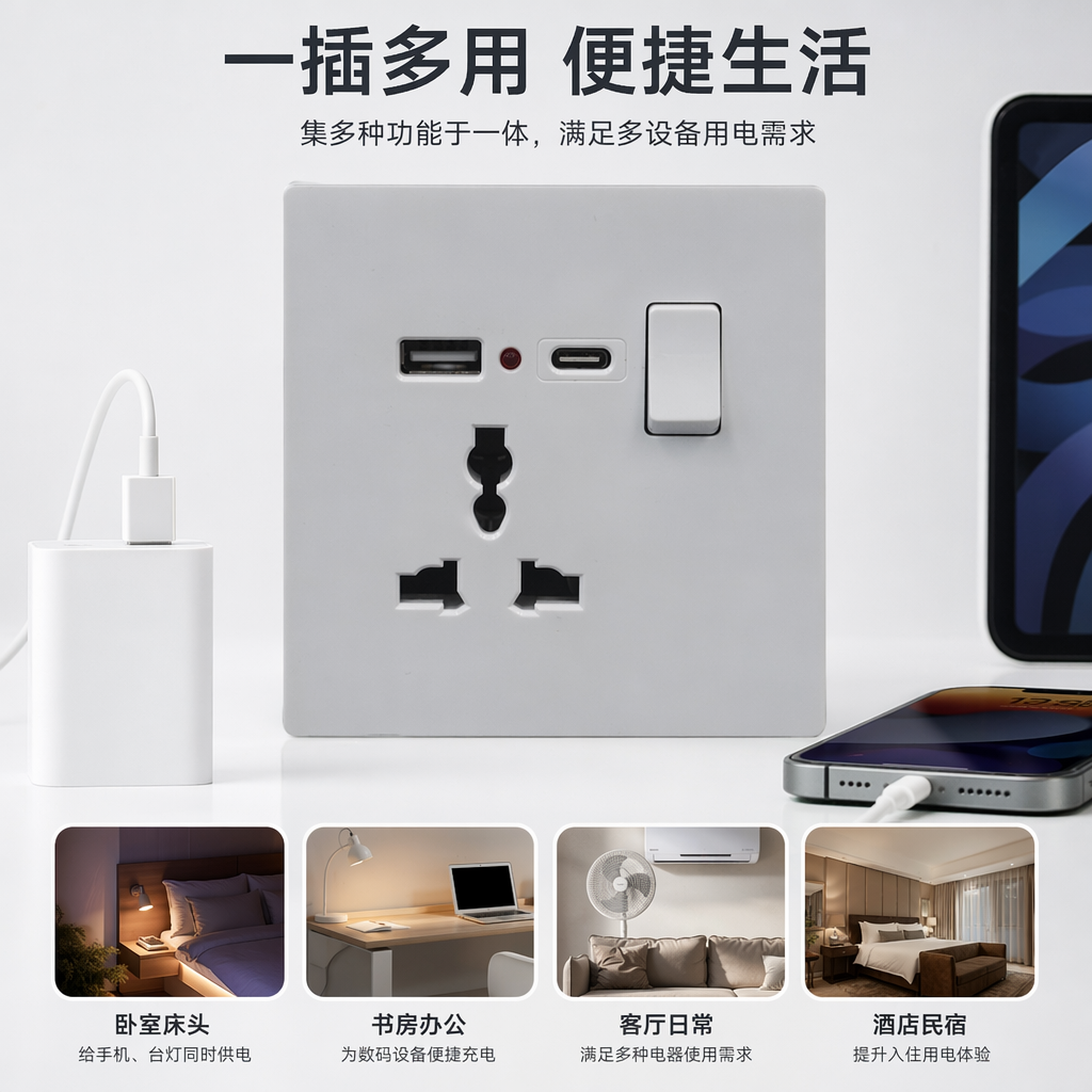 T2 -التصميمات الداخلية الداخلية المضادة للصدمات الكهربائية لمفتاح جدران USB+C المتعدد الوظائف 13A A