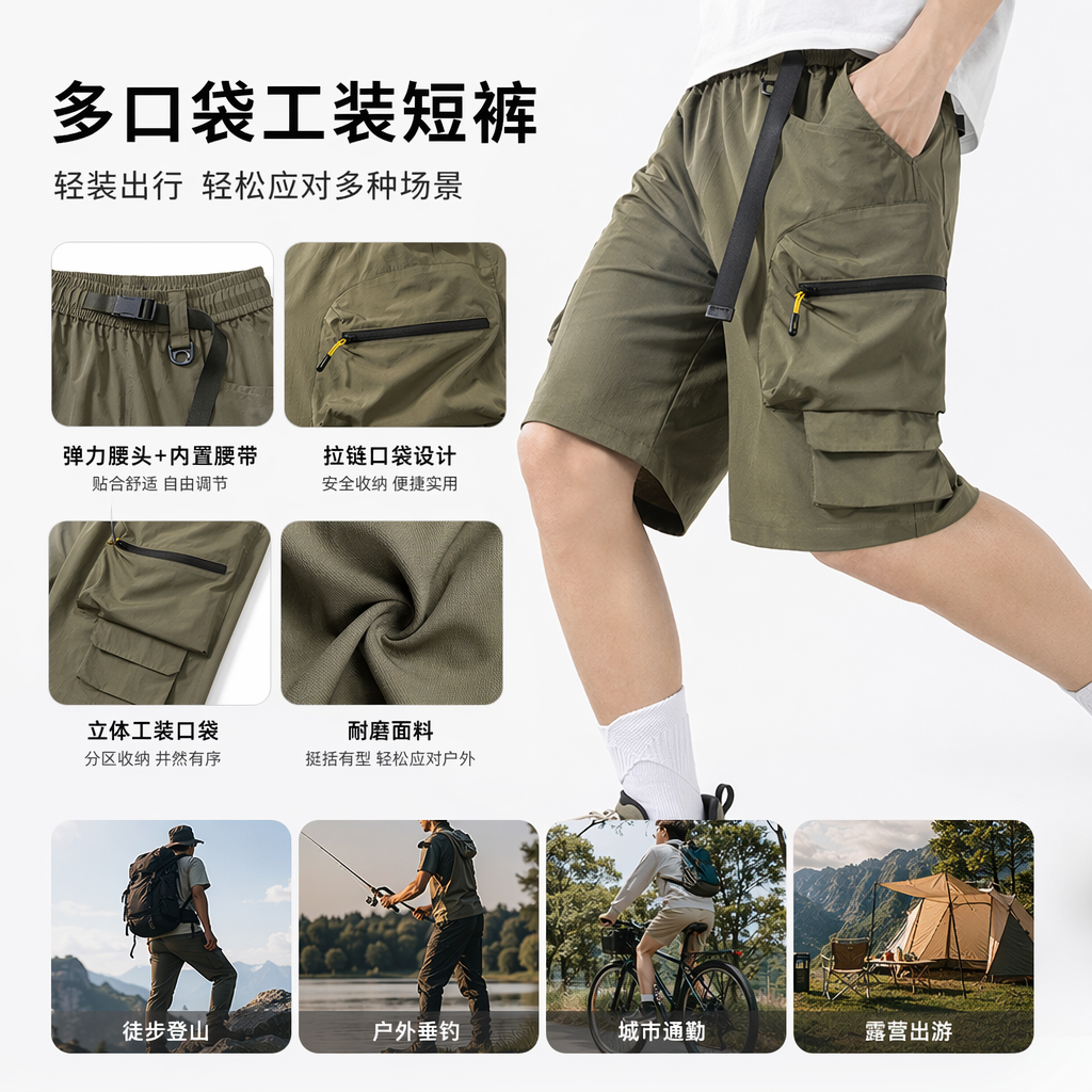 Four types of work shorts: earthy yellow, military green, dark gray, black, multi-pocket adjustable belt