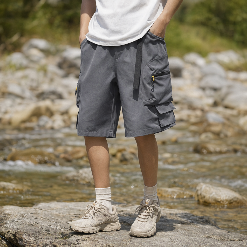 Four types of work shorts: earthy yellow, military green, dark gray, black, multi-pocket adjustable belt details Picture