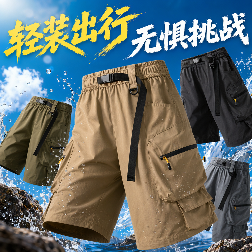 Four types of work shorts: earthy yellow, military green, dark gray, black, multi-pocket adjustable belt Specification image