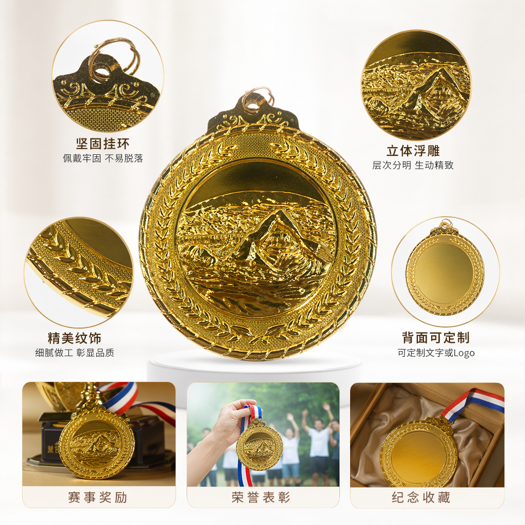 金色圆形游泳者橄榄枝纹饰奖牌带挂环