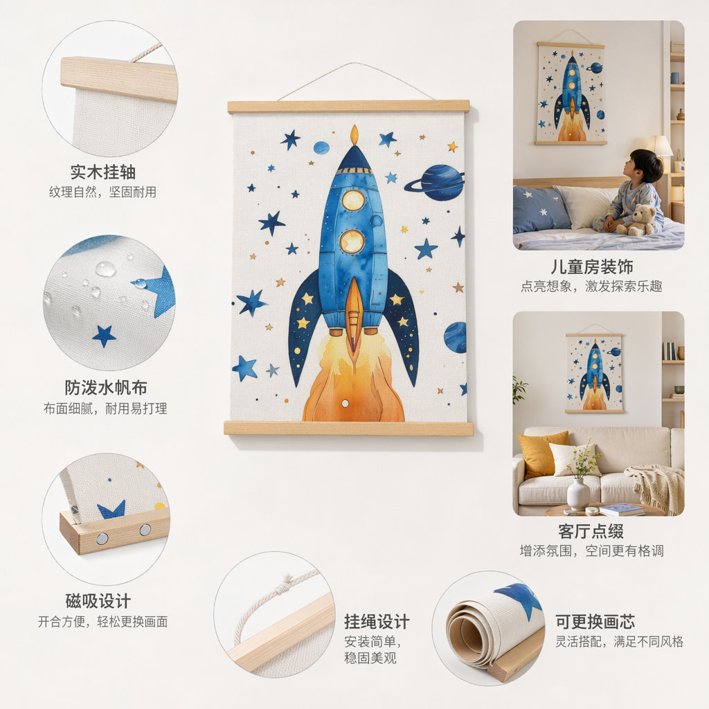 蓝色火箭创意画作装饰画客厅卧室挂画艺术壁画