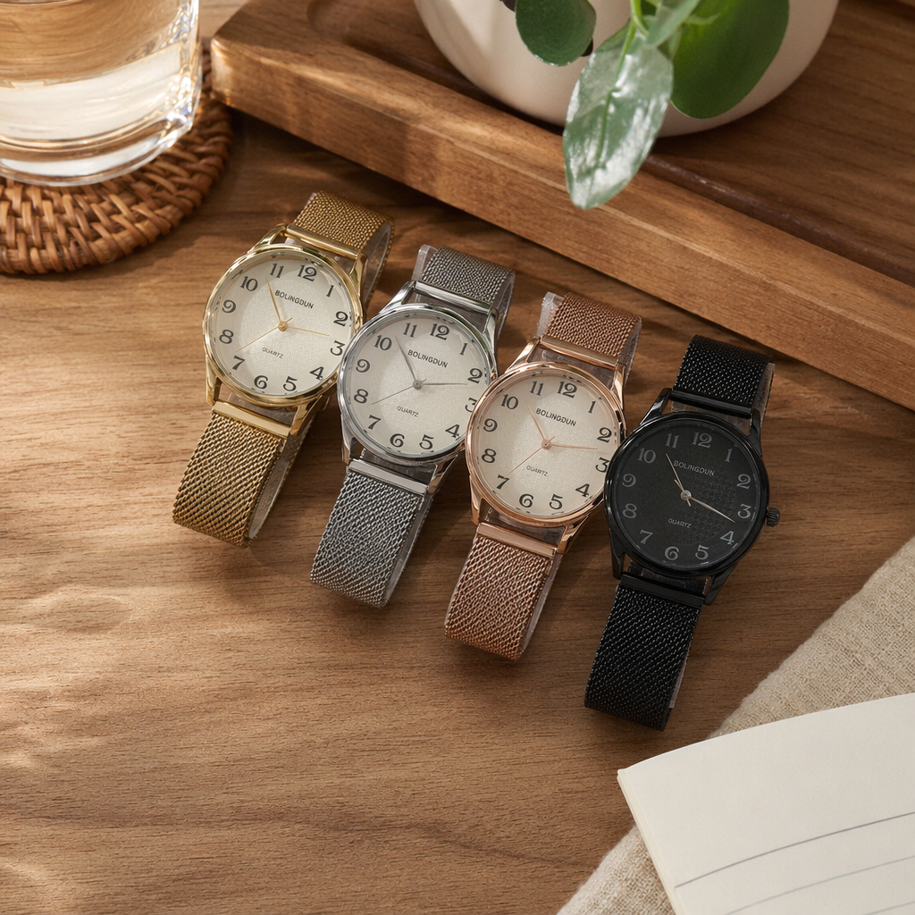 Four different colored metal mesh band watches are fashionable and versatile, suitable for both men and women details Picture