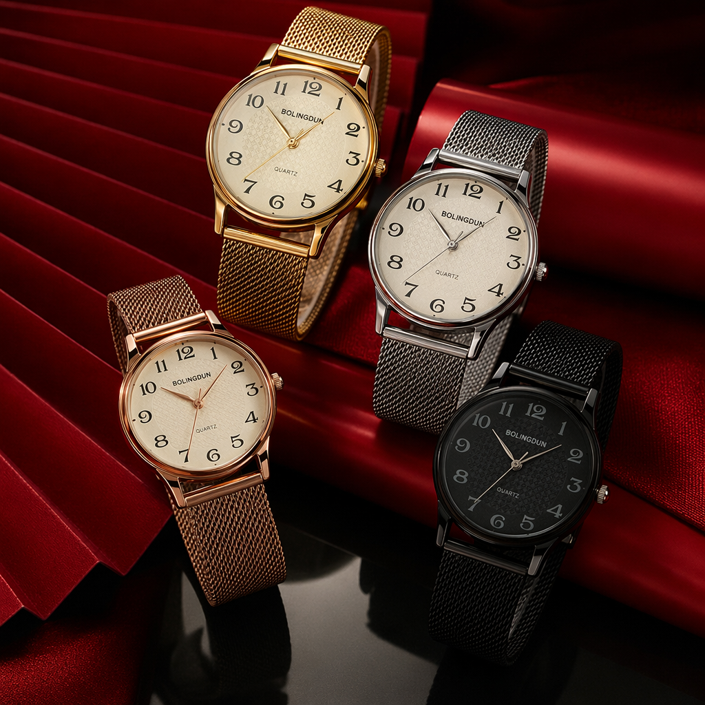 Four different colored metal mesh band watches are fashionable and versatile, suitable for both men and women Specification image