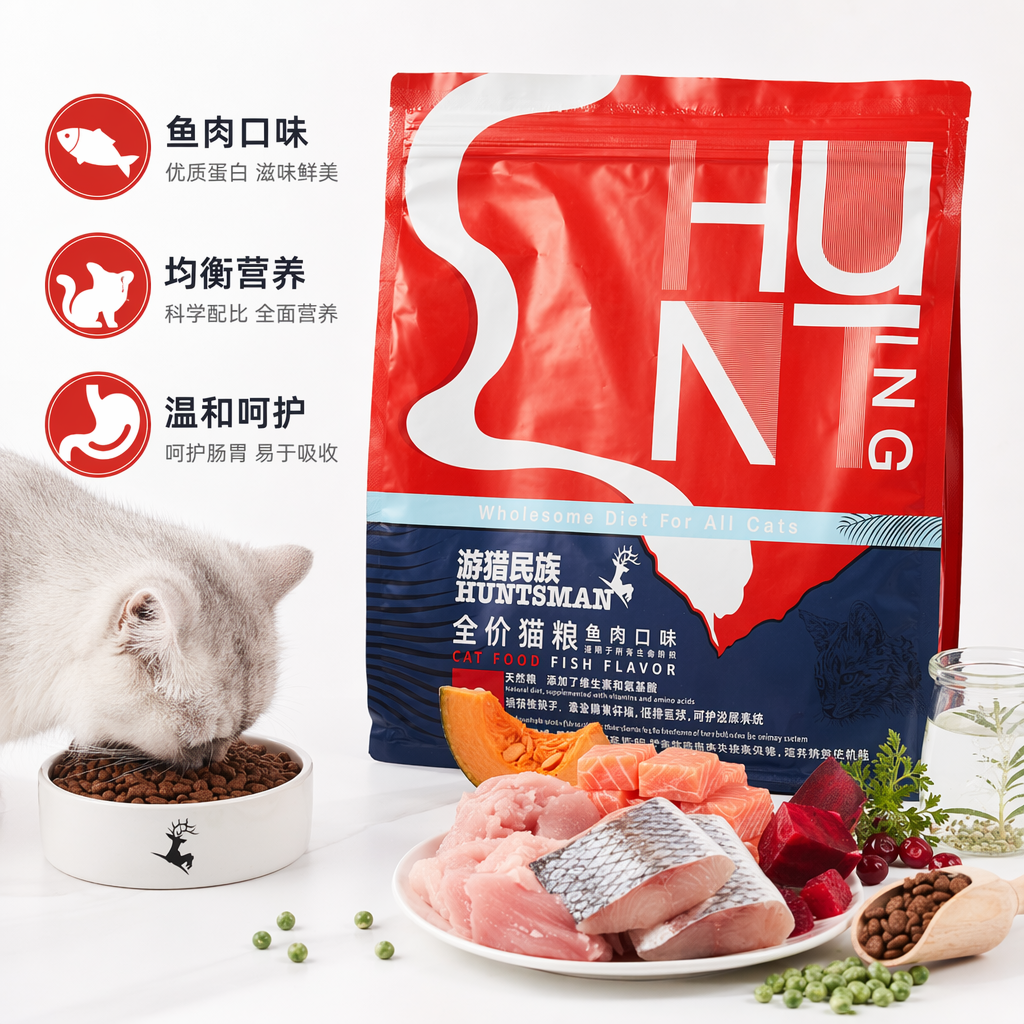 Red packaged bag cat food is a complete and nutritious dry food for adult cats and kittens