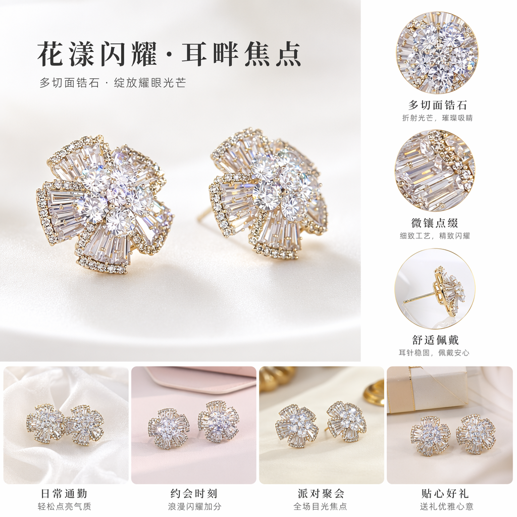 金色镶钻花朵耳钉 时尚轻奢女士耳饰耳钉饰品钻球耳钉耳钉枪穿刺生物瓷耳棒