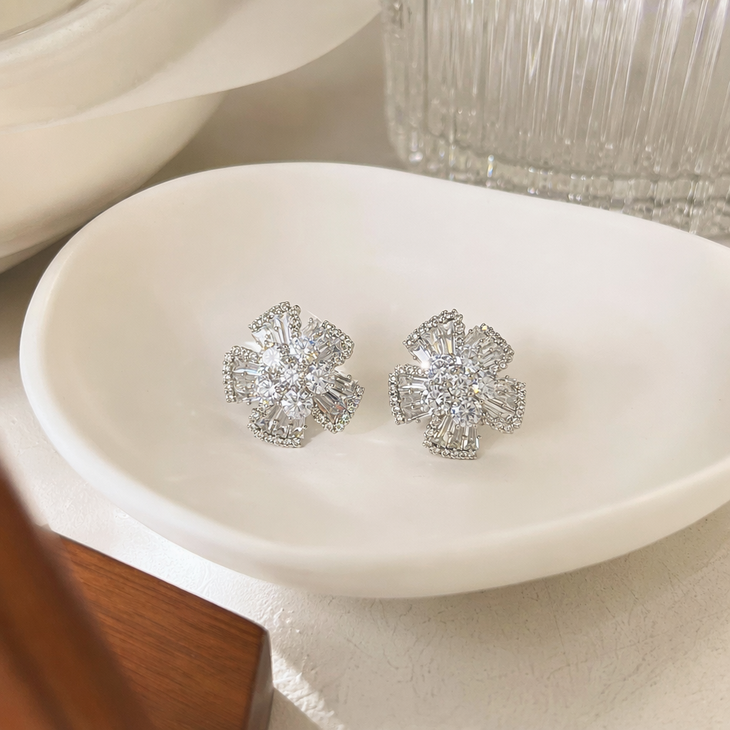 Golden diamond-encrusted flower ear studs, fashionable and light luxury lady earrings, ear stud accessories, diamond ball ear studs, ear stud gun piercing, bio-ceramic ear sticks details Picture